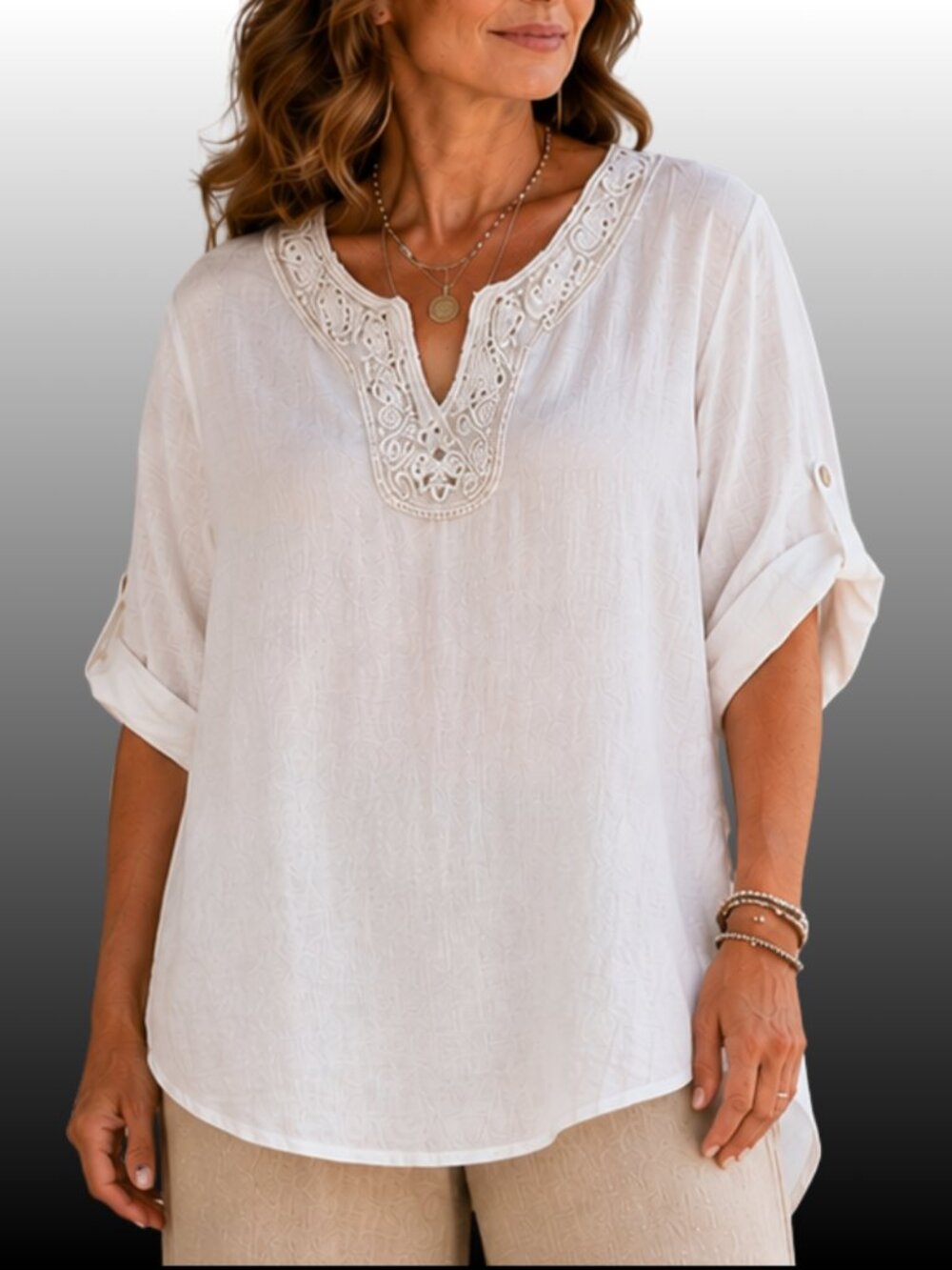 Lungo L'Arno White 100% Linen Embroidered Hi-Low Blouse 1X Roll Tab Coastal EUC